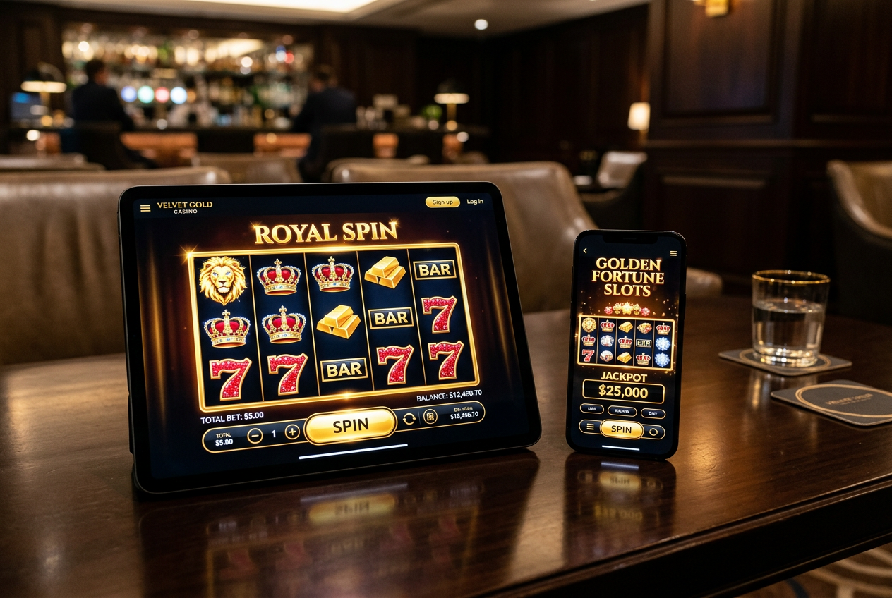 A high-end digital casino experience shown on a modern tablet and smartphone.