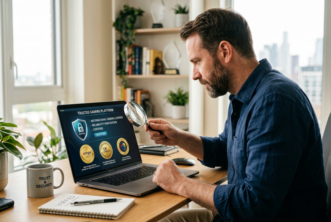 A magnifying glass inspecting digital security certificates and casino license icons on a laptop.