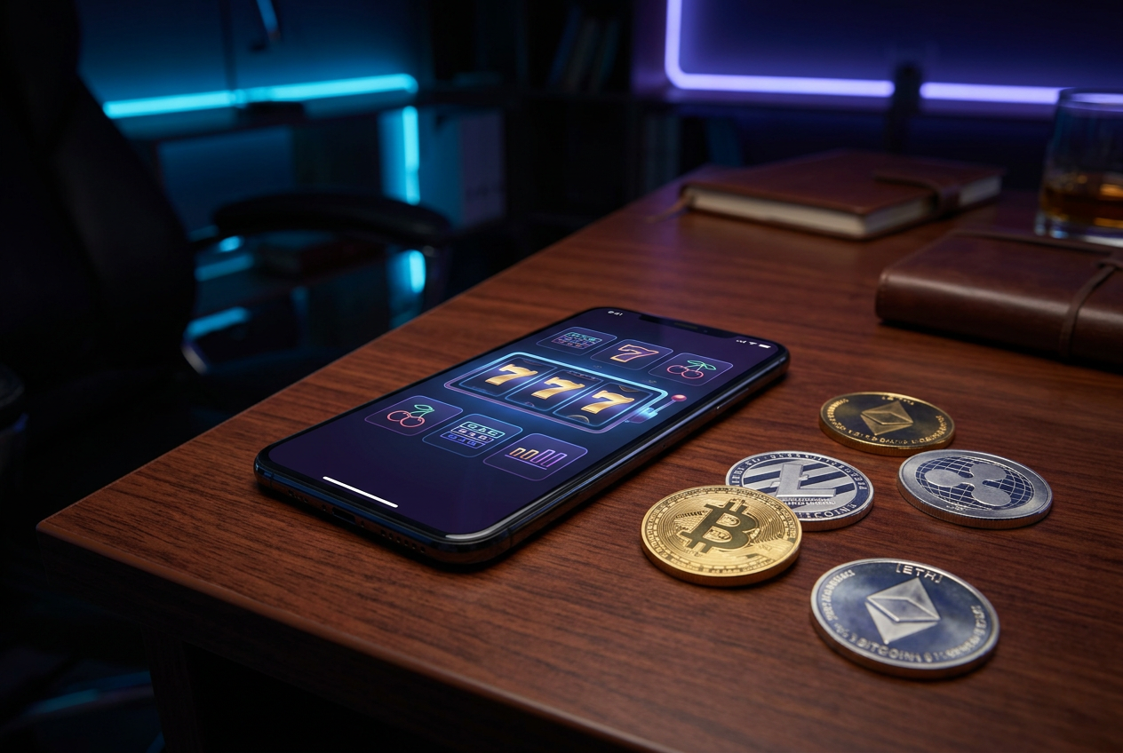 A modern digital workspace showing a smartphone with casino icons and cryptocurrency coins.